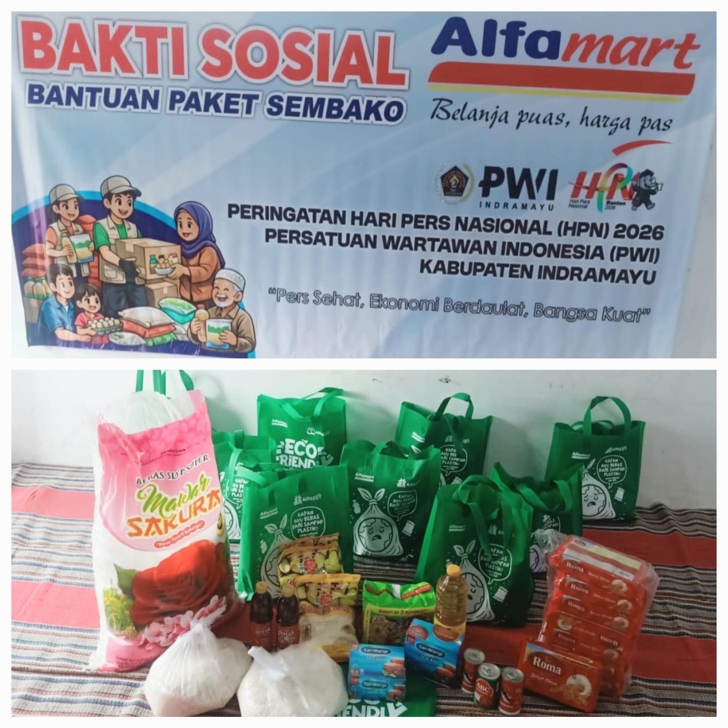 Alfamart Kaloborasi Bersama PWI Indramayu Salurkan 62 Paket Sembako Untuk Yatim dan Jompo