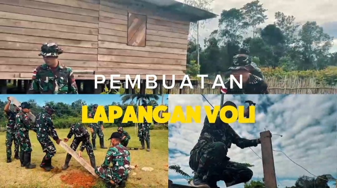 Satgas Yonif 123/Rajawali Bangun Lapangan Voli di Kampung Sahapikya